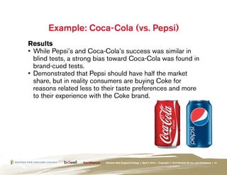 Example: Coca-Cola (vs. Pepsi)
Results
•	 While Pepsi’s and Coca-Cola’s success was similar in
   blind tests, a strong bias toward Coca-Cola was found in
   brand-cued tests.
•	 Demonstrated that Pepsi should have half the market
   share, but in reality consumers are buying Coke for
   reasons related less to their taste preferences and more
   to their experience with the Coke brand.




                          Western New England College | April 7, 2010 | Copyright © 2010 Bidwell ID, Inc. and Verilliance | 16
 