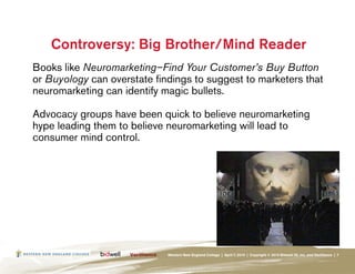 Controversy: Big Brother/Mind Reader
Books like Neuromarketing–Find Your Customer’s Buy Button
or Buyology can overstate findings to suggest to marketers that
neuromarketing can identify magic bullets.

Advocacy groups have been quick to believe neuromarketing
hype leading them to believe neuromarketing will lead to
consumer mind control.




                             Western New England College | April 7, 2010 | Copyright © 2010 Bidwell ID, Inc. and Verilliance | 7
 