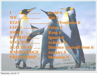 I   ……………     Avoid it
          WE ……………      Use it
          EGO     …………..      Overcome it
          LOVE ………..    Value it
          SMILE ……….    Keep it
          RUMOUR…….     Ignore it
          SUCCESS …….   Achieve it
          JEALOUSY …..  Distance yourself from it
          KNOWLEDGE …. Acquire it
          FRIENDSHIP …… Maintain it

                                    SK-Presentation-54
Wednesday, June 20, 12
 