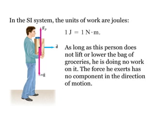 In the SI system, the units of work are joules: As long as this person does not lift or lower the bag of groceries, he is doing no work on it. The force he exerts has no component in the direction of motion. 