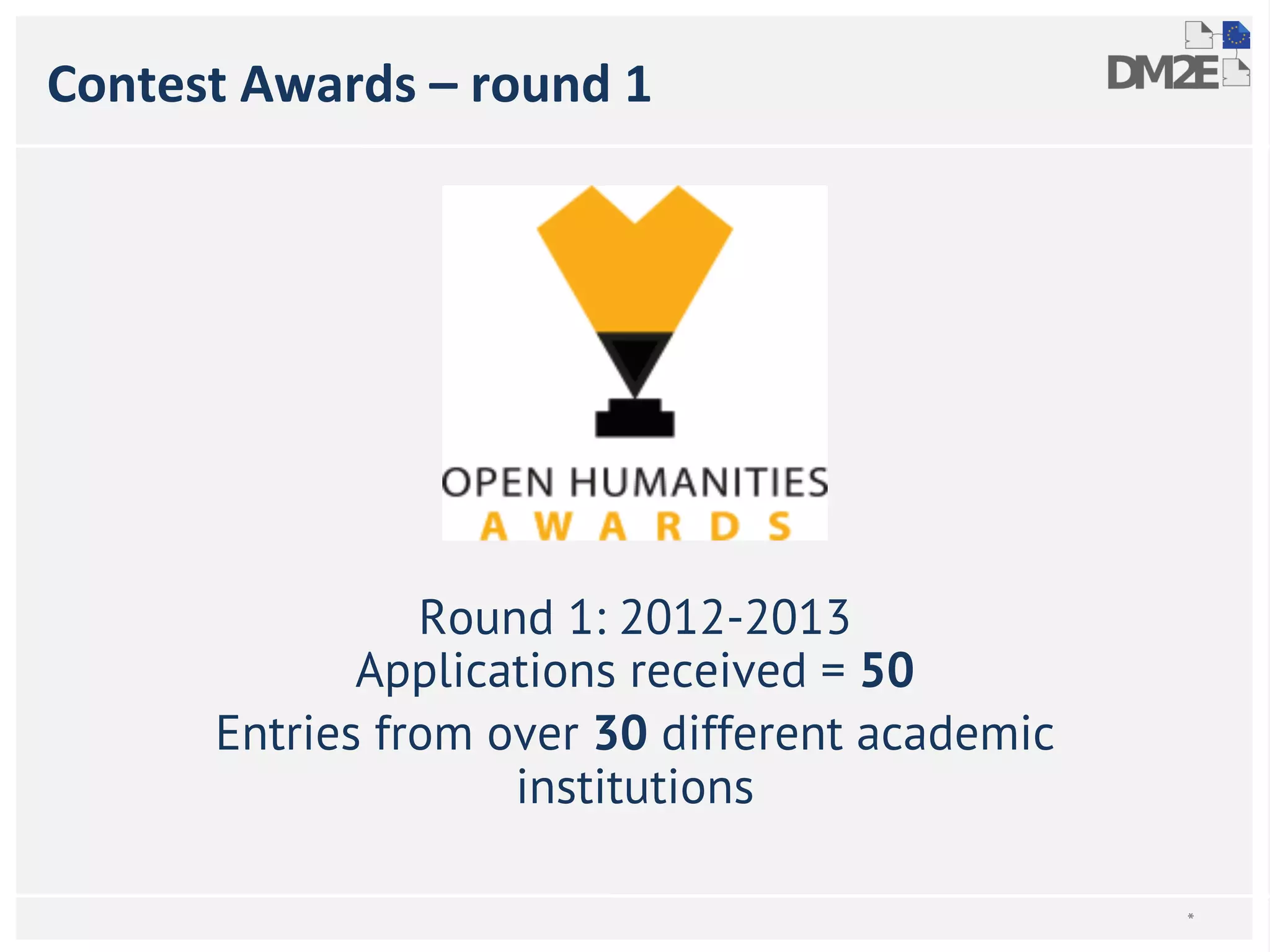 Contest Awards – round 1 
Round 1: 2012-2013 
Applications received = 50 
Entries from over 30 different academic 
institutions 
* 
 