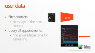 user datafilter contactsbirthdays in the next monthquery all appointmentsfind an available time for a meetingFilter