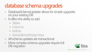 queries: examples// Create the database form data context, using a connection stringDataContextdb = newWineDataContext("isostore:/wineDB.sdf");// Find all wines currently at home, ordered by date acquiredvarq = from w indb.Wines	  wherew.Varietal.Name == “Shiraz” && w.IsAtHome == trueorderbyw.DateAcquired	  select w;
