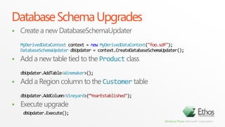 Inserts/Updates/DeletesYour App CodeIt’s all about the DataContextChanges made against the DataContext firstChanges persisted by calling SubmitChanges()SubmitChangesLINQ to SQL determines change set and submits to DBDataContextDB