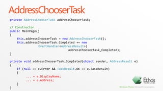 Database Schema UpgradesCreate a new DatabaseSchemaUpdaterMyDerivedDataContext context = newMyDerivedDataContext("foo.sdf");DatabaseSchemaUpdaterdbUpdater = context.CreateDatabaseSchemaUpdater();Add a new table tied to the Product classdbUpdater.AddTable<Winemaker>();Add a Region column to the Customer tabledbUpdater.AddColumn<Vineyard>(“YearEstablished");Execute upgradedbUpdater.Execute();