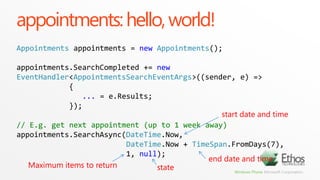 new and updated APIs in “Mango”Chooser Tasks related to user dataEmailAddressChooserTaskPhoneNumberChooserTaskAddressChooserTaskMicrosoft.Phone.UserData for direct accessContactsAppointments