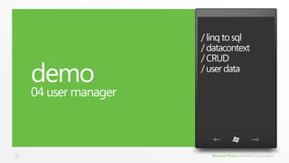 Microsoft.Phone.UserDataImportant pointsContacts and Appointments APIs are read onlyThird party social network data cannot be shared