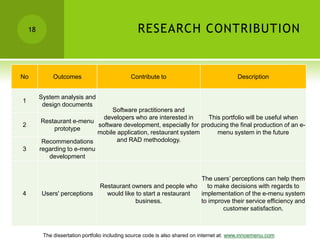 18                                           RESEARCH CONTRIBUTION


No            Outcomes                        Contribute to                                Description


         System analysis and
1
          design documents
                                  Software practitioners and
                               developers who are interested in      This portfolio will be useful when
          Restaurant e-menu
2                            software development, especially for producing the final production of an e-
              prototype
                             mobile application, restaurant system      menu system in the future
          Recommendations           and RAD methodology.
3        regarding to e-menu
            development


                                                                    The users’ perceptions can help them
                                 Restaurant owners and people who     to make decisions with regards to
4        Users' perceptions        would like to start a restaurant implementation of the e-menu system
                                              business.             to improve their service efficiency and
                                                                            customer satisfaction.



          The dissertation portfolio including source code is also shared on internet at: www.innoemenu.com
 