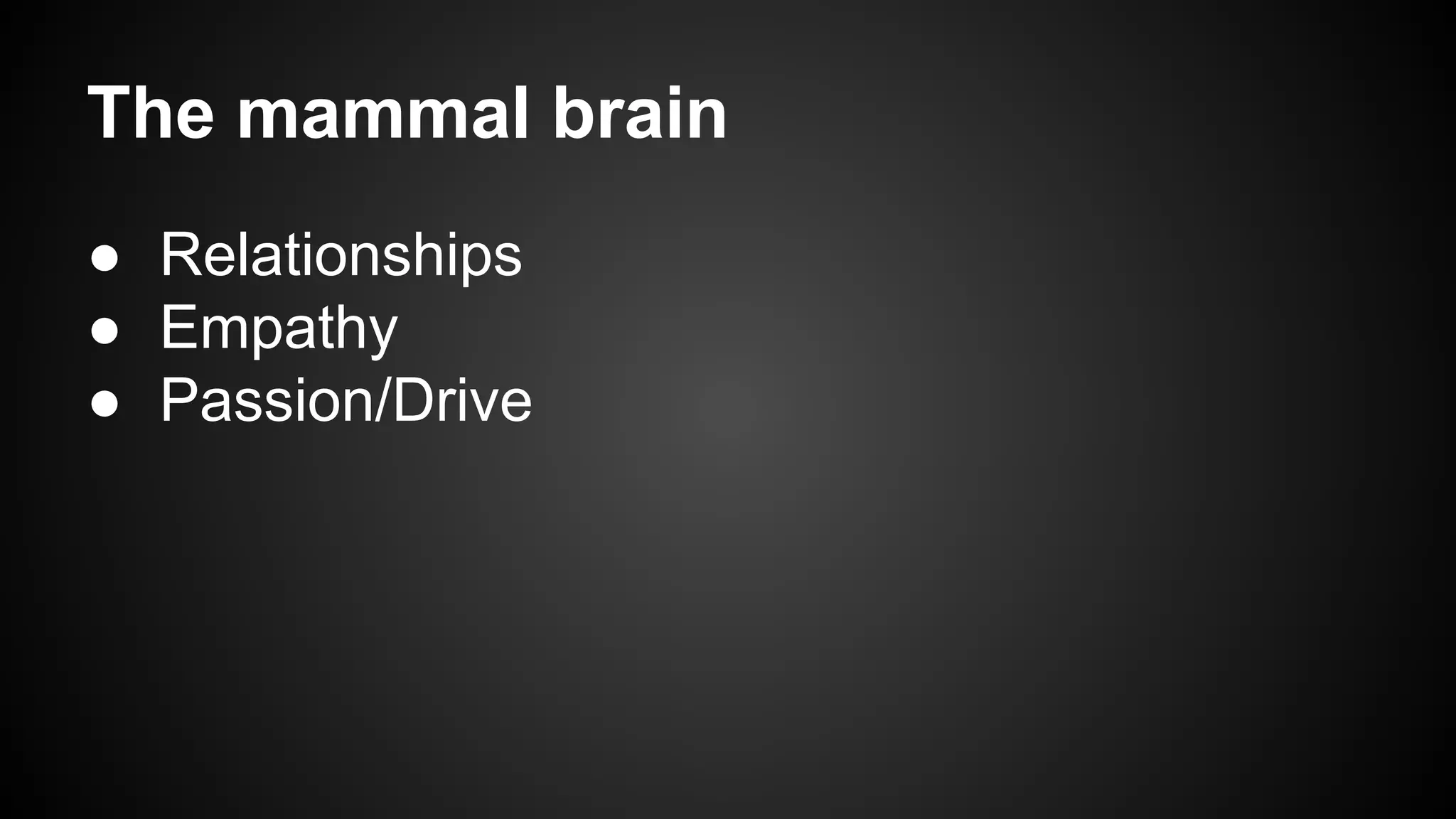 The mammal brain 
● Relationships 
● Empathy 
● Passion/Drive 
 