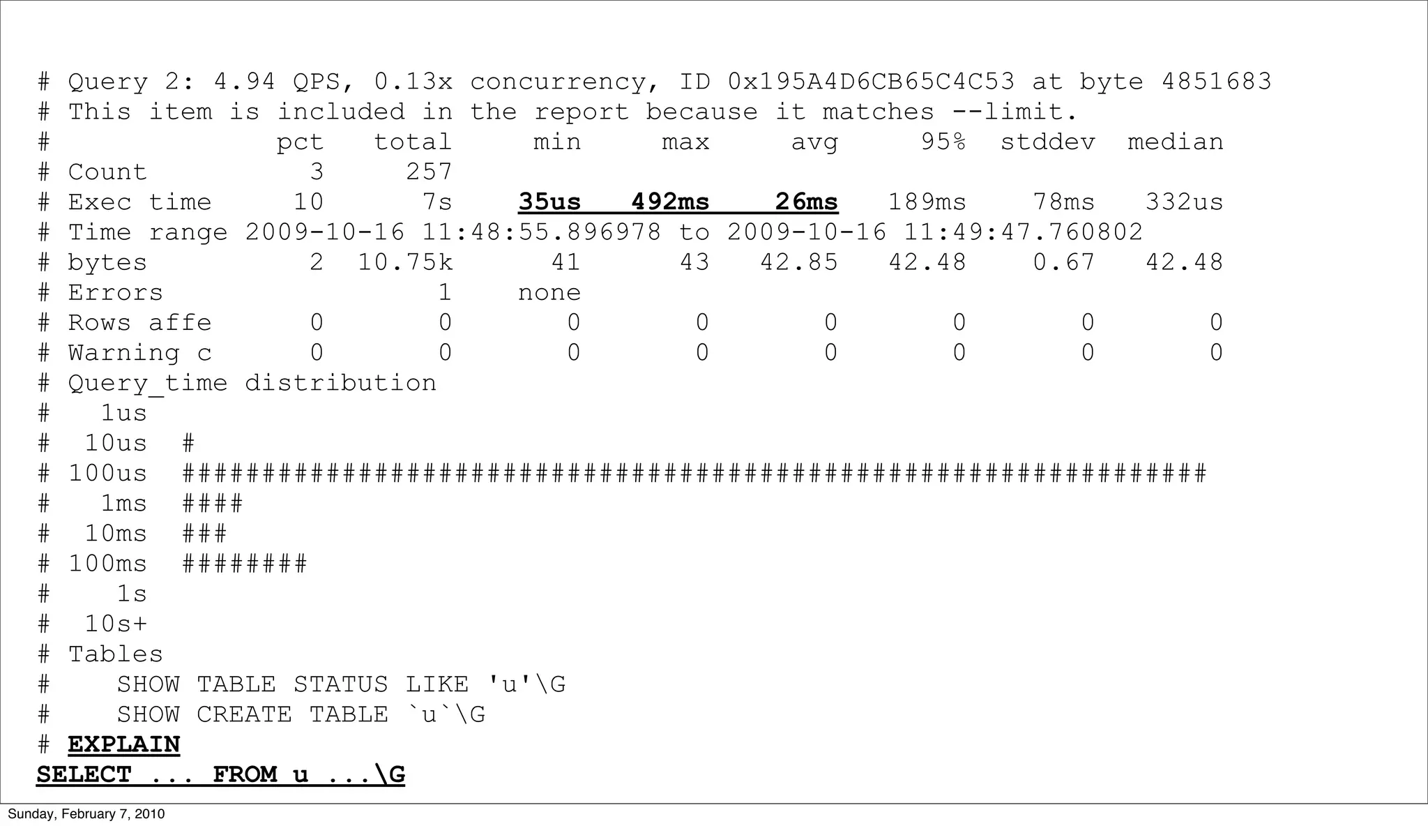 # Query 2: 4.94 QPS, 0.13x concurrency, ID 0x195A4D6CB65C4C53 at byte 4851683
    # This item is included in the report because it matches --limit.
    #              pct   total     min     max     avg     95% stddev median
    # Count          3      257
    # Exec time     10       7s   35us   492ms    26ms   189ms    78ms    332us
    # Time range 2009-10-16 11:48:55.896978 to 2009-10-16 11:49:47.760802
    # bytes          2 10.75k       41      43   42.85   42.48    0.67    42.48
    # Errors                  1   none
    # Rows affe      0        0       0      0       0       0        0       0
    # Warning c      0        0       0      0       0       0        0       0
    # Query_time distribution
    #   1us
    # 10us #
    # 100us ################################################################
    #   1ms ####
    # 10ms ###
    # 100ms ########
    #    1s
    # 10s+
    # Tables
    #    SHOW TABLE STATUS LIKE 'u'G
    #    SHOW CREATE TABLE `u`G
    # EXPLAIN
    SELECT ... FROM u ...G
Sunday, February 7, 2010
 