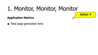 1. Monitor, Monitor, Monitor
                               Action 4
Application Metrics

• Total page generation time
 