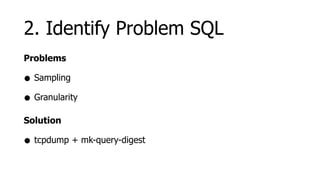 2. Identify Problem SQL
Problems

• Sampling
• Granularity
Solution

• tcpdump + mk-query-digest
 