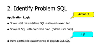 2. Identify Problem SQL
                                                       Action 3
Application Logic

• Show total master/slave SQL statements executed
• Show all SQL with execution time (admin user only)
                                                        Tip

• Have abstracted class/method to execute ALL SQL
 