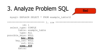 3. Analyze Problem SQL                                Bad

  mysql> EXPLAIN SELECT * FROM example_tableG

*************************** 1. row ***************************
           id: 1
  select_type: SIMPLE
        table: example_table
         type: ALL
possible_keys: NULL
          key: NULL
      key_len: NULL
          ref: NULL
         rows: 659
        Extra:
 