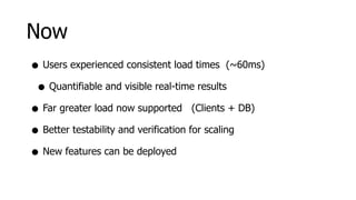 Now
• Users experienced consistent load times (~60ms)
 • Quantifiable and visible real-time results
• Far greater load now supported (Clients + DB)
• Better testability and verification for scaling
• New features can be deployed
 