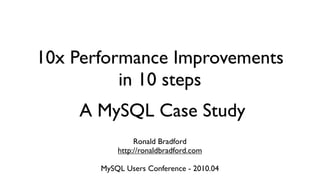 10x Performance Improvements
          in 10 steps
    A MySQL Case Study
                Ronald Bradford
           http://ronaldbradford.com

       MySQL Users Conference - 2010.04
 