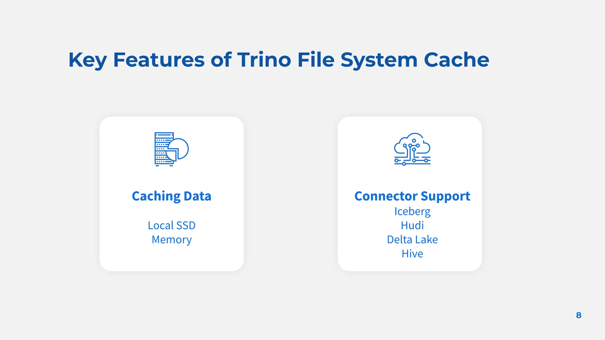 Key Features of Trino File System Cache
8
Caching Data
Local SSD
Memory
Connector Support
Iceberg
Hudi
Delta Lake
Hive
 
