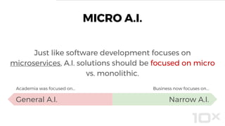 MICRO A.I.
Just like software development focuses on
microservices, A.I. solutions should be focused on micro
vs. monolithic.
Academia was focused on... Business now focuses on...
General A.I. Narrow A.I.
 