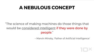 “The science of making machines do those things that
would be considered intelligent if they were done by
people.”
~ Marvin Minsky, ‘Father of Artificial Intelligence’
A NEBULOUS CONCEPT
 