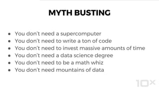 ● You don’t need a supercomputer
● You don’t need to write a ton of code
● You don’t need to invest massive amounts of time
● You don’t need a data science degree
● You don’t need to be a math whiz
● You don’t need mountains of data
MYTH BUSTING
 