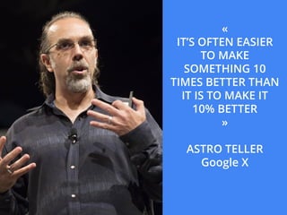 «
IT’S OFTEN EASIER
TO MAKE
SOMETHING 10
TIMES BETTER THAN
IT IS TO MAKE IT
10% BETTER
»
ASTRO TELLER
Google X
 