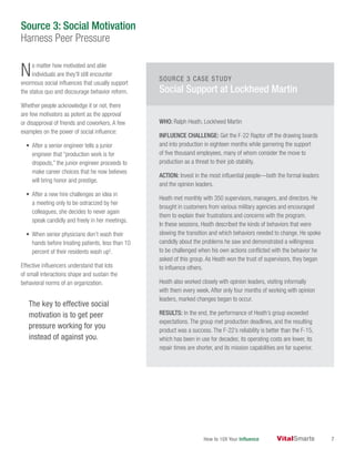 How to 10X Your Influence 7
No matter how motivated and able
individuals are they’ll still encounter
enormous social influences that usually support
the status quo and discourage behavior reform.
Whether people acknowledge it or not, there
are few motivators as potent as the approval
or disapproval of friends and coworkers. A few
examples on the power of social influence:
• After a senior engineer tells a junior
engineer that “production work is for
dropouts,” the junior engineer proceeds to
make career choices that he now believes
will bring honor and prestige.
• After a new hire challenges an idea in
a meeting only to be ostracized by her
colleagues, she decides to never again
speak candidly and freely in her meetings.
• When senior physicians don’t wash their
hands before treating patients, less than 10
percent of their residents wash up5
.
Effective influencers understand that lots
of small interactions shape and sustain the
behavioral norms of an organization.
The key to effective social
motivation is to get peer
pressure working for you
instead of against you.
WHO: Ralph Heath, Lockheed Martin
INFLUENCE CHALLENGE: Get the F-22 Raptor off the drawing boards
and into production in eighteen months while garnering the support
of five thousand employees, many of whom consider the move to
production as a threat to their job stability.
ACTION: Invest in the most influential people—both the formal leaders
and the opinion leaders.
Heath met monthly with 350 supervisors, managers, and directors. He
brought in customers from various military agencies and encouraged
them to explain their frustrations and concerns with the program.
In these sessions, Heath described the kinds of behaviors that were
slowing the transition and which behaviors needed to change. He spoke
candidly about the problems he saw and demonstrated a willingness
to be challenged when his own actions conflicted with the behavior he
asked of this group. As Heath won the trust of supervisors, they began
to influence others.
Heath also worked closely with opinion leaders, visiting informally
with them every week. After only four months of working with opinion
leaders, marked changes began to occur.
RESULTS: In the end, the performance of Heath’s group exceeded
expectations. The group met production deadlines, and the resulting
product was a success. The F-22’s reliability is better than the F-15,
which has been in use for decades; its operating costs are lower, its
repair times are shorter, and its mission capabilities are far superior.
SOURCE 3 CASE STUDY
Social Support at Lockheed Martin
Source 3: Social Motivation
Harness Peer Pressure
 