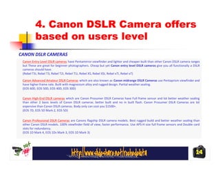 4. Canon DSLR Camera offers
         based on users level
CANON DSLR CAMERAS
 Canon Entry Level DSLR cameras have Pentamirror viewfinder and lighter and cheaper built than other Canon DSLR camera ranges
 but These are great for beginner photographers. Cheap but yet Canon entry level DSLR cameras give you all functionally a DSLR
 cameras should have.
 (Rebel T3i, Rebel T3, Rebel T2i, Rebel T1i, Rebel XS, Rebel XSi, Rebel xTi, Rebel xT)

 Canon Advanced Amateur DSLR Cameras which are also known as Canon midrange DSLR Cameras use Pentaprism viewfinder and
 have higher frame rate. Built with magnesium alloy and rugged design. Partial weather sealing.
 (EOS 60D, EOS 50D, EOS 40D, EOS 30D)

 Canon High-End DSLR cameras which are Canon Prosumer DSLR Cameras have Full frame sensor and lot better weather sealing
 than other 2 basic levels of Canon DSLR cameras. better built and no in built flash. Canon Prosumer DSLR Cameras are lot
 expensive than Canon DSLR cameras. Body only can cost you $1500+.
 (EOS 7D, EOS 5D Mark 2, EOS 5D)


 Canon Professional DSLR Cameras are Canons flagship DSLR camera models. Best rugged build and better weather sealing than
 other Canon DSLR models. 100% viewfinder field of view, faster performance. Use APS-H size full frame sensors and Double card
 slots for redundancy.
 (EOS 1D Mark 4, EOS 1Ds Mark 3, EOS 1D Mark 3)




                                                                                                                           14
 