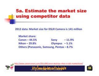 5a. Estimate the market size
 using competitor data

2012 data: Market size for DSLR Camera is 141 million

    Market share:
    Canon – 44.5%           Sony      – 11.9%
    Nikon – 29.8%           Olympus – 5.1%
    Others (Panasonic, Samsung, Pentax – 8.7%




http://www.canonrumors.com/2011/04/canon-destroys-nikon-in-dslr-marketshare/

                                                                               16
 