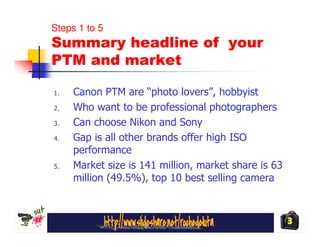 Steps 1 to 5
Summary headline of your
PTM and market

1.   Canon PTM are “photo lovers”, hobbyist
2.   Who want to be professional photographers
3.   Can choose Nikon and Sony
4.   Gap is all other brands offer high ISO
     performance
5.   Market size is 141 million, market share is 63
     million (49.5%), top 10 best selling camera



                                                      3
 