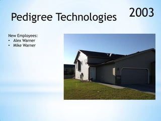 Pedigree Technologies
New Employees:
• Alex Warner
• Mike Warner

2003

 