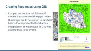 Creating flood maps using GIS 
• Lumped conceptual rainfall-runoff 
models translate rainfall to pipe nodes 
• Surcharge would be storred in ”artificial” 
basins that represented flood areas 
• Interpolation of waterlevels in GIS was 
used to map flood events 
 