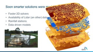 Soon smarter solutions were made – 2D models 
• Faster 2D solvers 
• Availability of Lidar (an other) data 
• Rainfall stations 
• Data driven models 
 