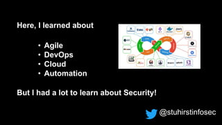 @stuhirstinfosec
Here, I learned about
• Agile
• DevOps
• Cloud
• Automation
But I had a lot to learn about Security!
 