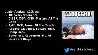 @stuhirstinfosec
Junior Analyst - £20k p/a:
- 10+ years experience
- CISSP, CISA, CISM, Masters, All The
Certs
- AWS, GCP,...