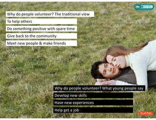 Why do people volunteer? The traditional view 
To help others
Do something positive with spare time
Give back to the community
Meet new people & make friends




                          Why do people volunteer? What young people say
                          Why do people volunteer? What young people say
                          Develop new skills
                          Have new experiences
                          Have new experiences
                          Help get a job
 