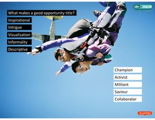 What makes a good opportunity title?
Inspirational
Intrigue
Visualisation
Informality
Descriptive



                                       Champion
                                       Activist
                                       Militant
                                       Saviour
                                       Collaborator
 