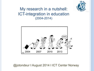 My research in a nutshell:
ICT-integration in education
(2004-2014)
@jotondeur I August 2014 I ICT Center Norway
2004 2007 2010 2013
 