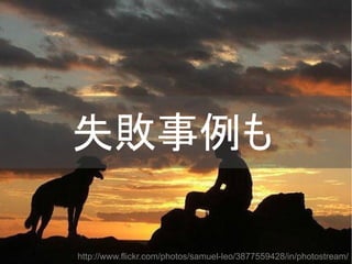 失敗事例も
http://www.flickr.com/photos/samuel-leo/3877559428/in/photostream/
Copyright @yohhatu

 