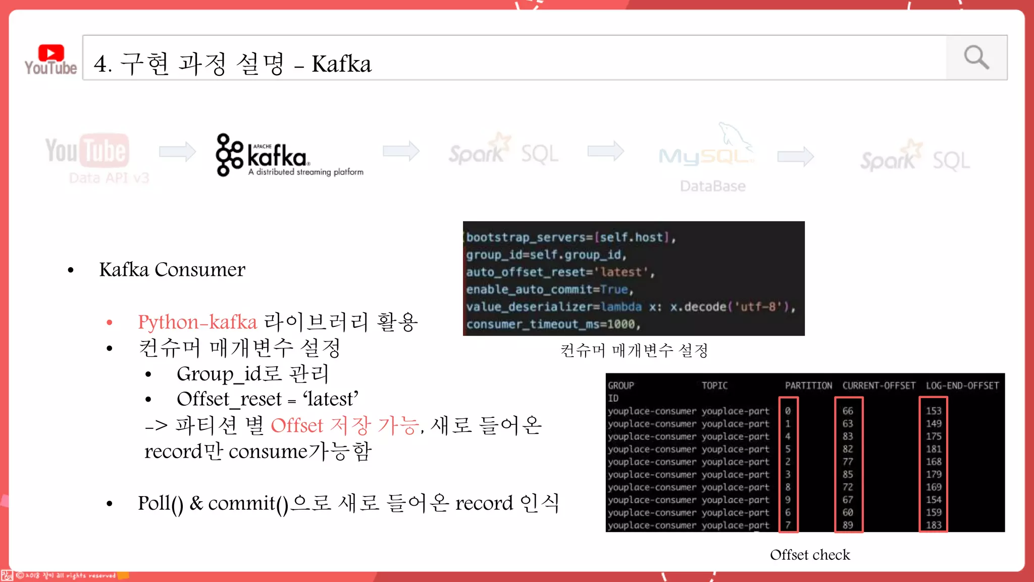 4. 구현 과정 설명 - Kafka
• Kafka Consumer
• Python-kafka 라이브러리 활용
• 컨슈머 매개변수 설정
• Group_id로 관리
• Offset_reset = ‘latest’
-> 파티션 별 Offset 저장 가능, 새로 들어온
record만 consume가능함
• Poll() & commit()으로 새로 들어온 record 인식
컨슈머 매개변수 설정
Offset check
 