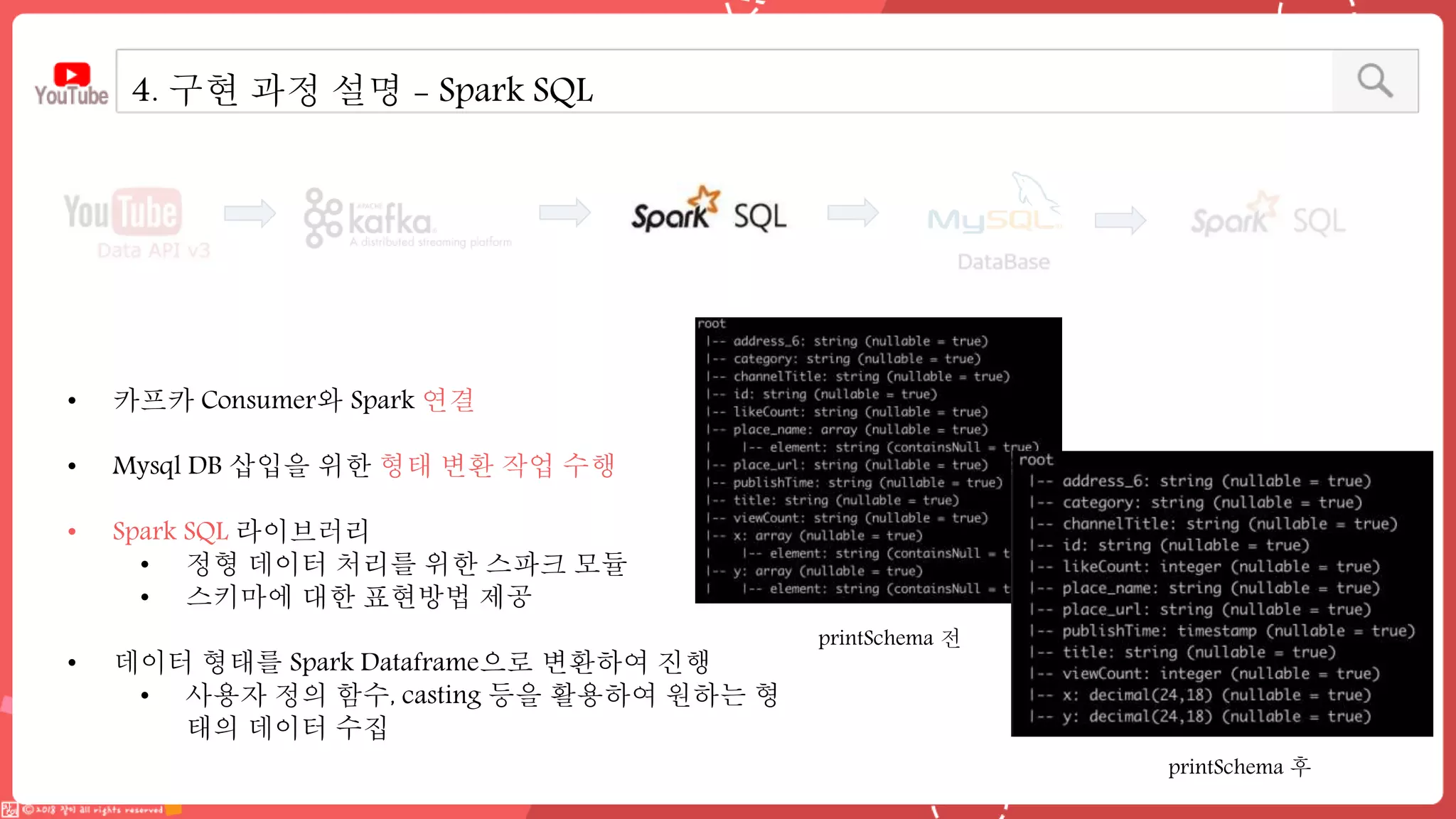 4. 구현 과정 설명 - Spark SQL
• 카프카 Consumer와 Spark 연결
• Mysql DB 삽입을 위한 형태 변환 작업 수행
• Spark SQL 라이브러리
• 정형 데이터 처리를 위한 스파크 모듈
• 스키마에 대한 표현방법 제공
• 데이터 형태를 Spark Dataframe으로 변환하여 진행
• 사용자 정의 함수, casting 등을 활용하여 원하는 형
태의 데이터 수집
printSchema 전
printSchema 후
 