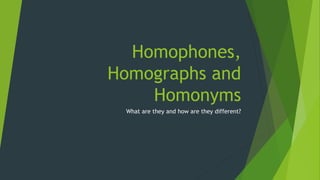 Homophones,
Homographs and
Homonyms
What are they and how are they different?
 