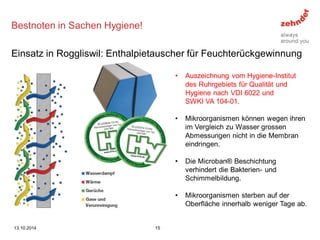 Bestnoten in Sachen Hygiene! 
•Auszeichnung vom Hygiene-Institut des Ruhrgebiets für Qualität und Hygiene nach VDI 6022 und SWKI VA 104-01. 
•Mikroorganismen können wegen ihren im Vergleich zu Wasser grossen Abmessungen nicht in die Membran eindringen. 
•Die Microban® Beschichtung verhindert die Bakterien- und Schimmelbildung. 
•Mikroorganismen sterben auf der Oberfläche innerhalb weniger Tage ab. 
Einsatz in Roggliswil: Enthalpietauscher für Feuchterückgewinnung 
13.10.2014 
15  