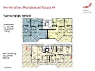 Komfortlüftung Praxisbeispiel Roggliswil 
. 
Wohnungsgrundrisse 
13.10.2014 
4 
Wohnungen 
EG bis 2.OG 
4 ½ Zimmer 
120 m2 
Attika Wohnung 
5 ½ Zimmer 
150 m2  
