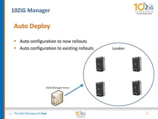 10ZiG Manager
Thin Client Technology at its Peak
Auto Deploy
 Auto configuration to new rollouts
 Auto configuration to existing rollouts
22
London
 