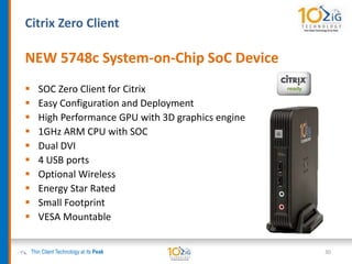 Citrix Zero Client
NEW 5748c System-on-Chip SoC Device
 SOC Zero Client for Citrix
 Easy Configuration and Deployment
 High Performance GPU with 3D graphics engine
 1GHz ARM CPU with SOC
 Dual DVI
 4 USB ports
 Optional Wireless
 Energy Star Rated
 Small Footprint
 VESA Mountable
Thin Client Technology at its Peak 30
 
