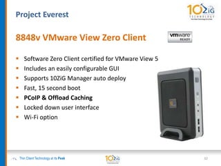 Project Everest
8848v VMware View Zero Client
 Software Zero Client certified for VMware View 5
 Includes an easily configurable GUI
 Supports 10ZiG Manager auto deploy
 Fast, 15 second boot
 PCoIP & Offload Caching
 Locked down user interface
 Wi-Fi option
Thin Client Technology at its Peak 32
 