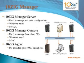 10ZiG Manager Server
  Used to manage and store configuration
  Windows based
  MySQL
10ZiG Manager Console
  Used to manage from client PC‟s
  Windows based
  MMC
10ZiG Agent
  Pre-installed onto 10ZiG thin clients



                                           www.10zig.eu
 