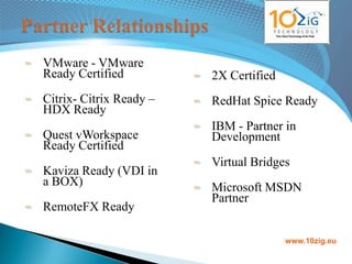 VMware - VMware
Ready Certified          2X Certified
Citrix- Citrix Ready –   RedHat Spice Ready
HDX Ready
                         IBM - Partner in
Quest vWorkspace         Development
Ready Certified
                         Virtual Bridges
Kaviza Ready (VDI in
a BOX)                   Microsoft MSDN
                         Partner
RemoteFX Ready

                                        www.10zig.eu
 