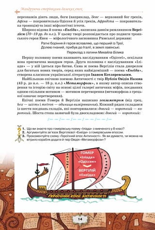 Мандруючи сторінками далеких епох
14
персонажів діють люди, боги (наприклад, Зевс — верховний бог греків,
Афіна — покровителька Одіссея й усіх греків, Афродіта — покровитель-
ка троянців) та інші міфологічні істоти.
Широко відома й поема «Енеїда», написана давнім римлянином Вергі-
лієм (70–19 рр. до н.е.). У цьому творі розповідається про подвиги троян-
ського героя Енея — міфологічного засновника Римської держави:
Ратні боріння й героя вславляю, що перший із Трої,
Долею гнаний, прибув до Італії, в землі лавінські.
Переклад з латини Михайла Білика
Першу половину поеми називають наслідуванням «Одіссеї», оскільки
вона присвячена мандрам героя. Друга половина є наслідуванням «Ілі-
ади» — у ній ідеться про битви. Сама ж поема Вергілія стала джерелом
для багатьох нових творів, серед яких найвідоміший — поема «Енеїда»,
створена класиком української літератури Іваном Котляревським.
Найбільшою епічною поемою Античності є твір Публія Овідія Назона
(43 р. до н.е. — 18 р. н.е.) «Метаморфози», в якому автор описав ство-
рення та історію світу на основі цілої галереї античних міфів, поєднаних
одним спільним мотивом — мотивом перетворення (метаморфоза з грець-
кої означає перетворення).
Епічні поеми Гомера й Вергілія написано гекзаметром (від грец.
hex — шість і metron — одиниця вимірювання). Кожний рядок складався
із шести поєднань складів, які повторювалися: довгий — короткий — ко-
роткий. Шоста стопа зазвичай була двоскладовою: довгий — короткий:
/— — /— — /— — / — — /— — /—
	 1.	 Що ви знаєте про гомерівську поему «Іліада» з вивченого у 8 класі?
	 2.	 Аргументуйте зв’язок Вергілієвої «Енеїди» з гомерівським епосом.
	 3.	 Прокоментуйте схему «Героїчний епос Античності». Як ви думаєте, чи можна на
вітрило корабля додати й твір Овідія «Метаморфози»?
?
 