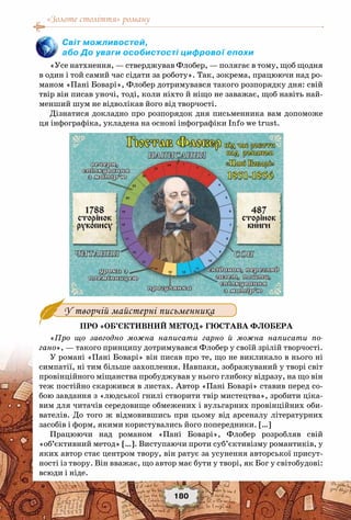 «Золоте століття» роману
180
Світ можливостей,
або До уваги особистості цифрової епохи
«Усе натхнення, — стверджував Флобер, — полягає в тому, щоб щодня
в один і той самий час сідати за роботу». Так, зокрема, працюючи над ро-
маном «Пані Боварі», Флобер дотримувався такого розпорядку дня: свій
твір він писав уночі, тоді, коли ніхто й ніщо не заважає, щоб навіть най-
менший шум не відволікав його від творчості.
Дізнатися докладно про розпорядок дня письменника вам допоможе
ця інфографіка, укладена на основі інфографіки Info we trust.
У творчій майстерні письменника
Про «об’єктивний метод» Гюстава Флобера
«Про що завгодно можна написати гарно й можна написати по-
гано», — такого принципу дотримувався Флобер у своїй зрілій творчості.
У романі «Пані Боварі» він писав про те, що не викликало в нього ні
симпатії, ні тим більше захоплення. Навпаки, зображуваний у творі світ
провінційного міщанства пробуджував у нього глибоку відразу, на що він
теж постійно скаржився в листах. Автор «Пані Боварі» ставив перед со-
бою завдання з «людської гнилі створити твір мистецтва», зробити ціка-
вим для читачів середовище обмежених і вульгарних провінційних оби-
вателів. До того ж відмовившись при цьому від арсеналу літературних
засобів і форм, якими користувались його попередники. […]
Працюючи над романом «Пані Боварі», Флобер розробляв свій
«об’єктивний метод» […]. Виступаючи проти суб’єктивізму романтиків, у
яких автор стає центром твору, він ратує за усунення авторської присут-
ності із твору. Він вважає, що автор має бути у творі, як Бог у світобудові:
всюди і ніде.
 